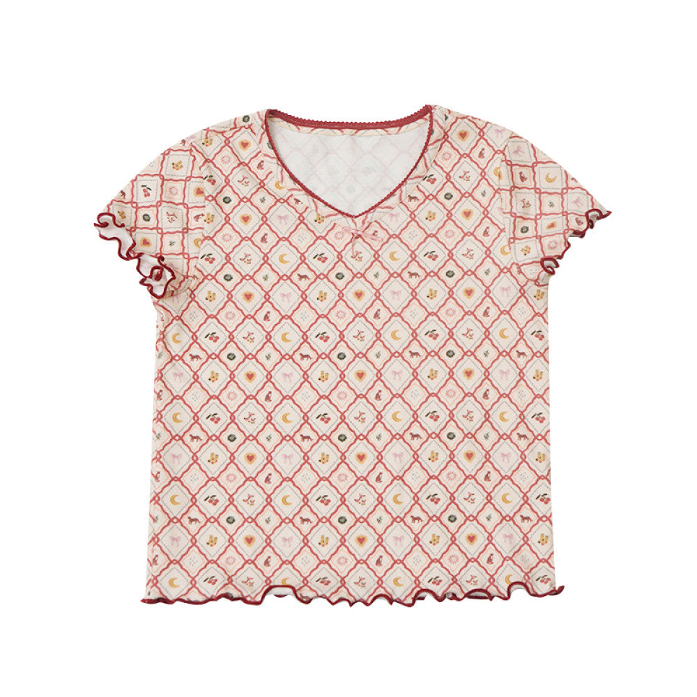 Lelejove Nordic style women s treasure pure cotton short sleeved T shirt 25 new products for girls summer retro printed short sleeved top image 6