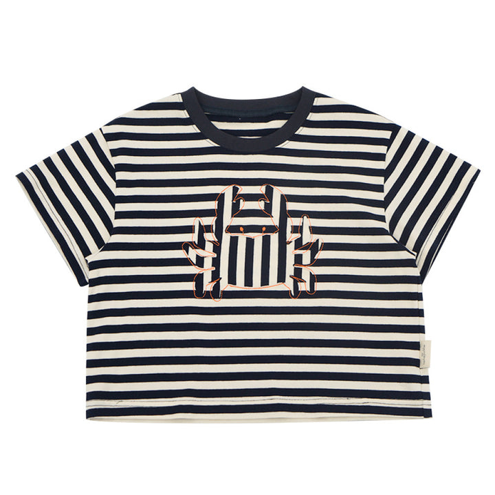 lelejove Nordic style contrast striped round neck short sleeved T shirt for boys loose casual constellation print top image 15