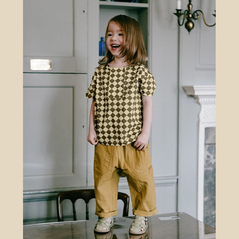 Lelejove Nordic style children s short sleeved 24 summer new product checkerboard short sleeved T shirt for men and women s treasure short sleeved summer top image 3