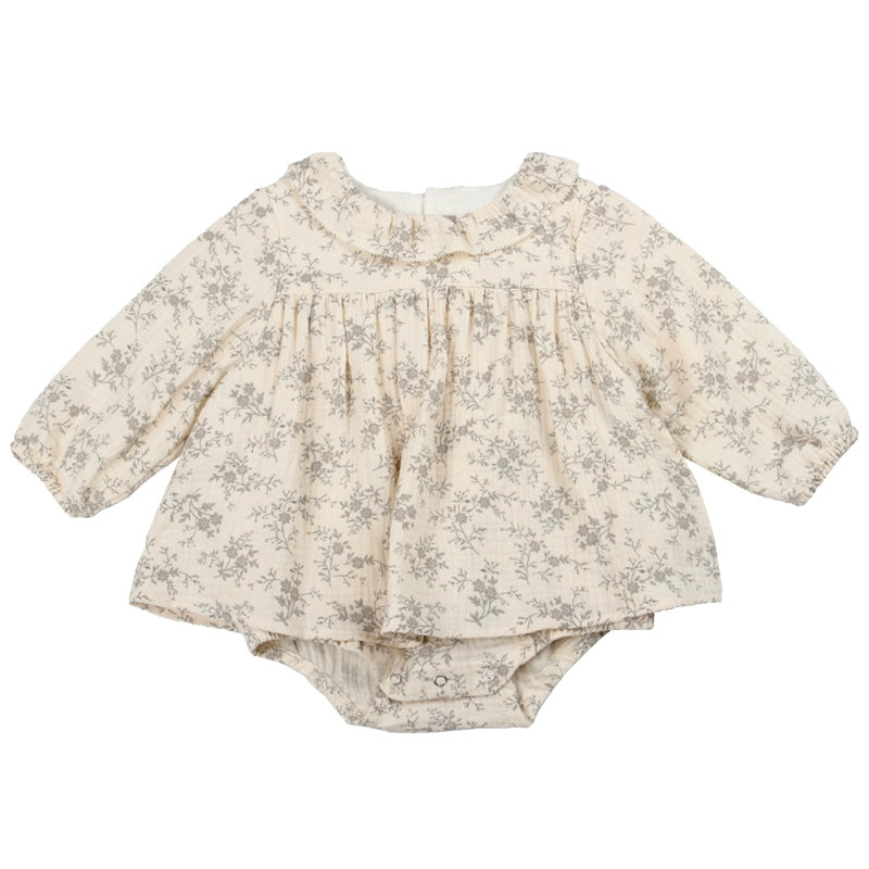 Ruffle Collar Floral Print Cotton Jumpsuit & Long Sleeve Tee